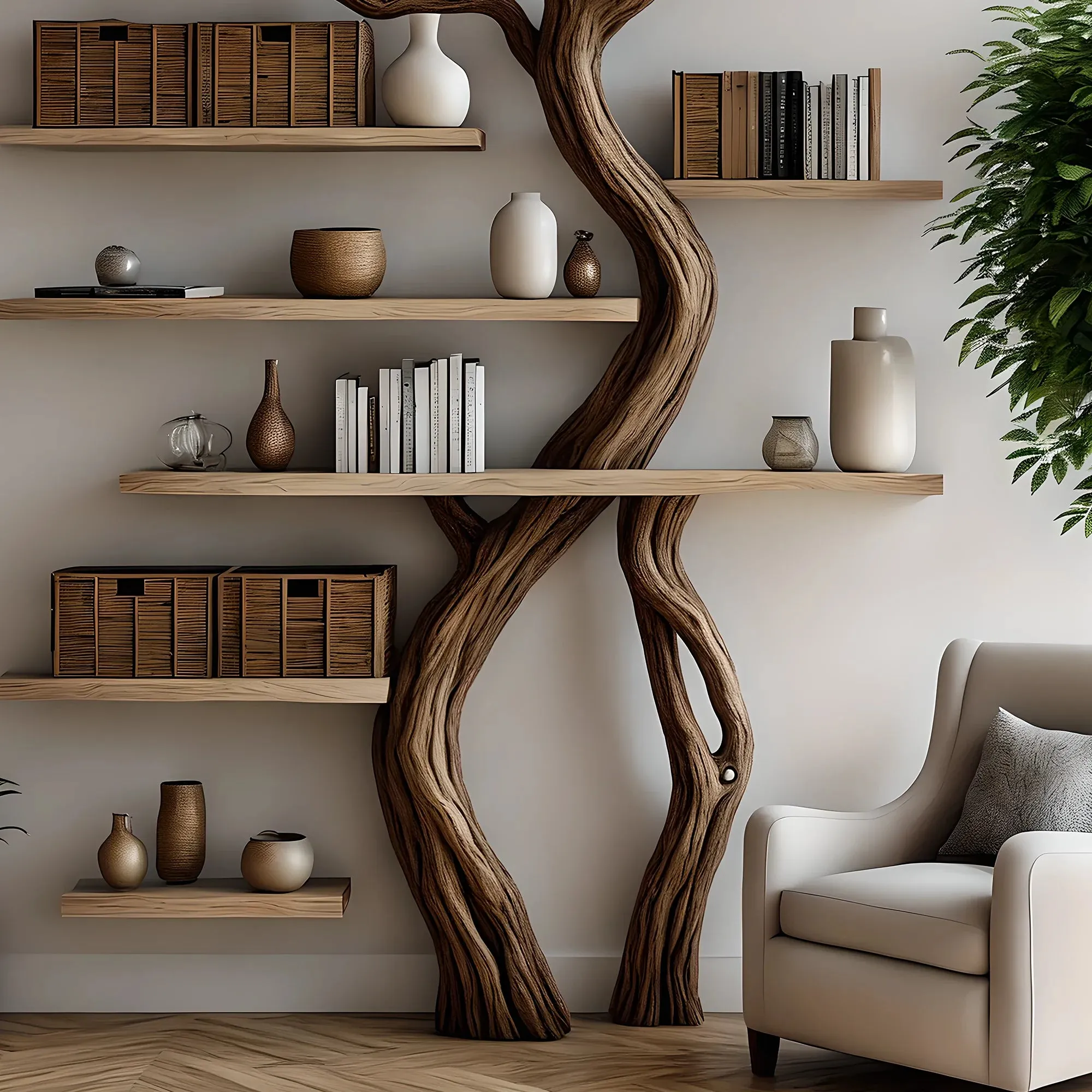 Tree Branch Floating Bookshelf, Wall-Mounted, Handmade