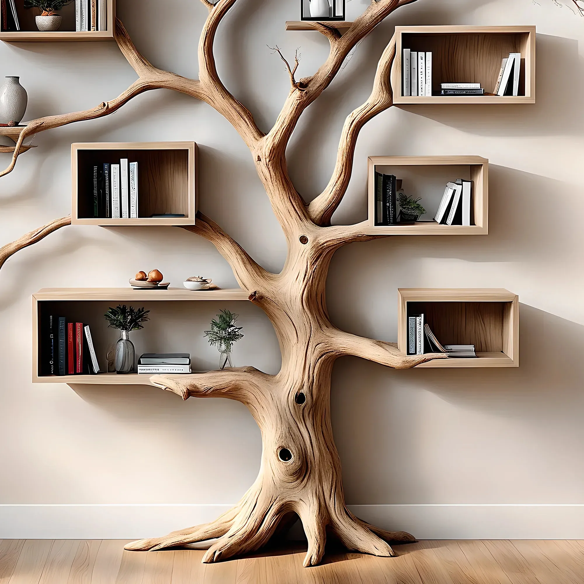 Tree-Shaped Bookshelf with Box Shelves, Square Floating