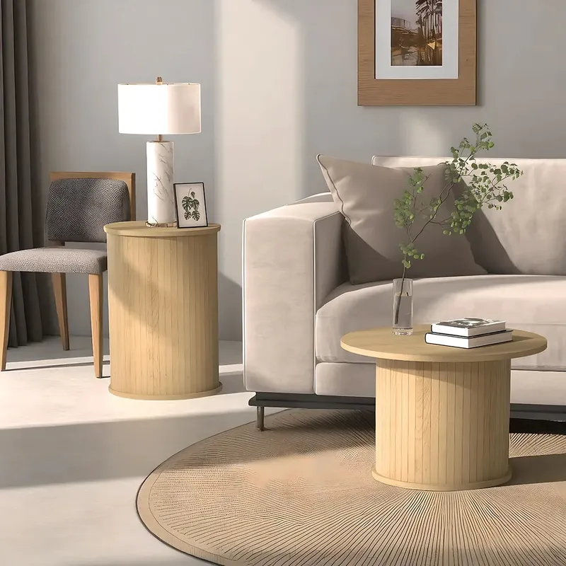 Natural Wood Round Coffee Table Set, 55 cm & 38 cm