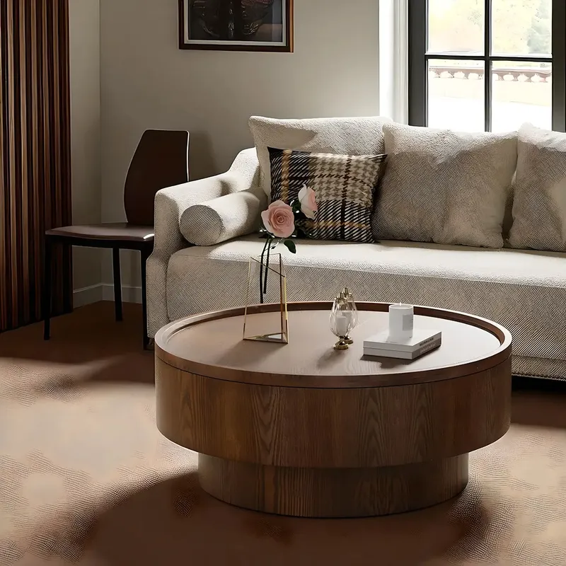 Natural Wood Round Coffee Table with Hidden Storage, Modern Design